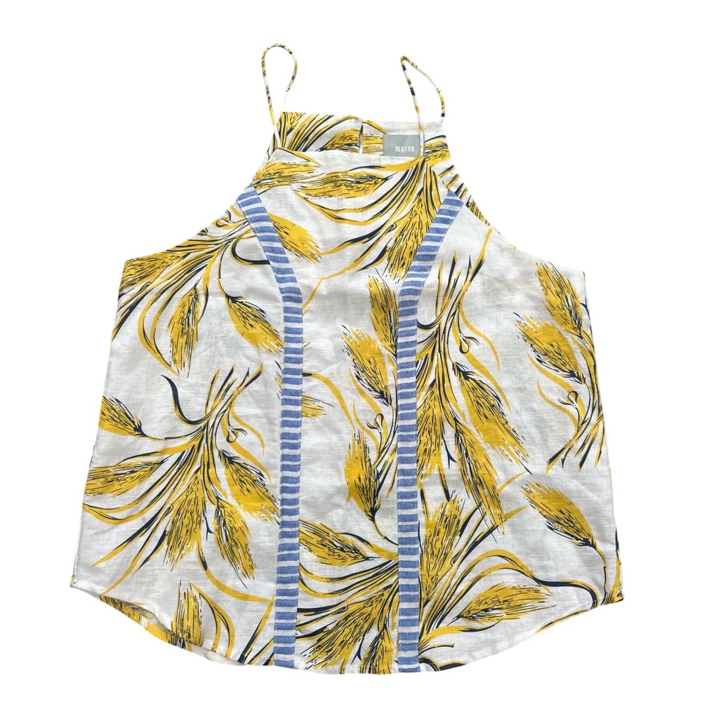 Maeve Anthropologie Yellow Wheat Print Halter Tank Top Medium Blue Striped Trim